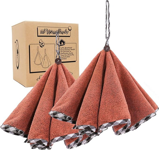 myHomeBody Hand Towels with Hanging Loops, Absorbent Charcoal Fiber Cleaning Clothes with Coconut Shell Button for Kitchen, Round Shape, Set of 2, Brick Red