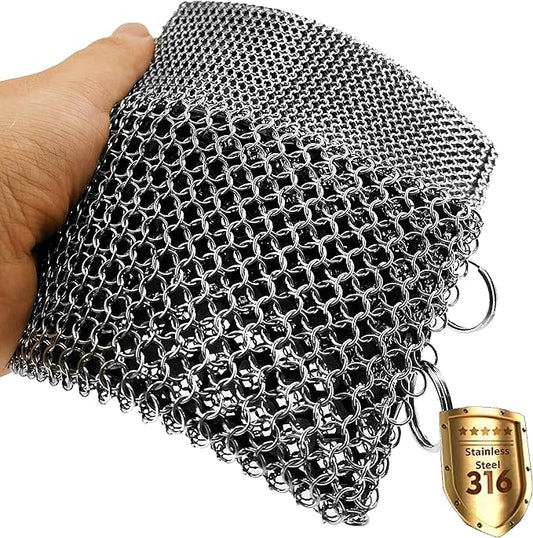 Cast Iron Chainmail Scrubber - Fine Ring - 316 Stainless Steel Skillet Cleaner - Built-in Silicone with Welded Rings - for Cookware, Cast Iron Pots, BBQ and Plates (Standard 2 in 1)