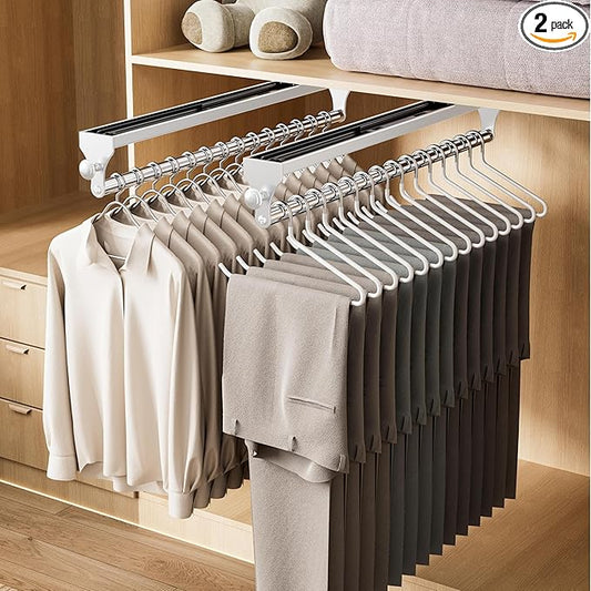 2 Pack Pull Out Closet Valet Rod, Heavy Duty Adjustable Closet Rod, 13.7inch Telescopic Pant Rack, Space Aluminum Clothes Hanger Rail, Closet Storage Organizer for Trousers Clothes White