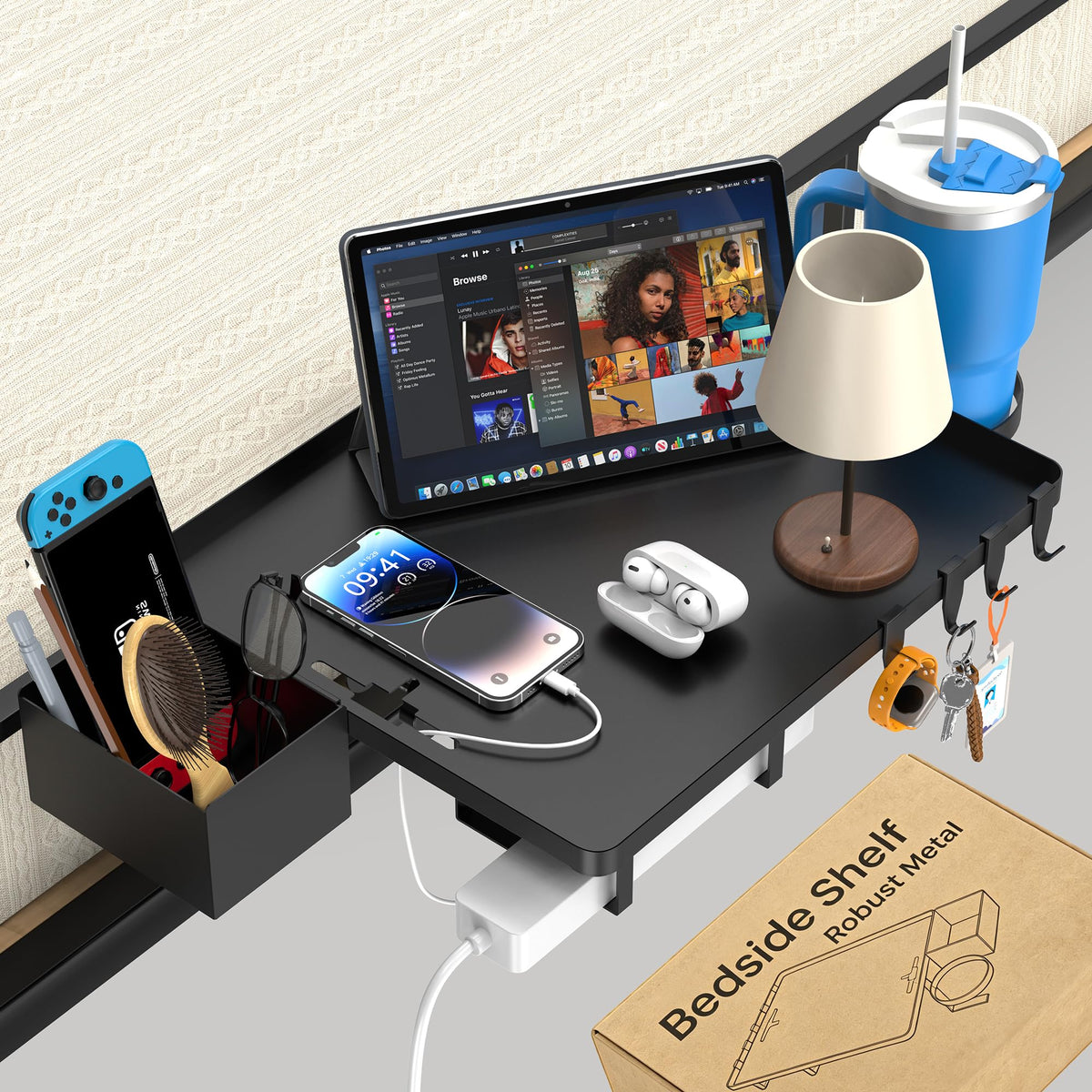 Bedside Shelf, Metal Shelf for Dorm Room Clip On Floating (Black) - Image 1