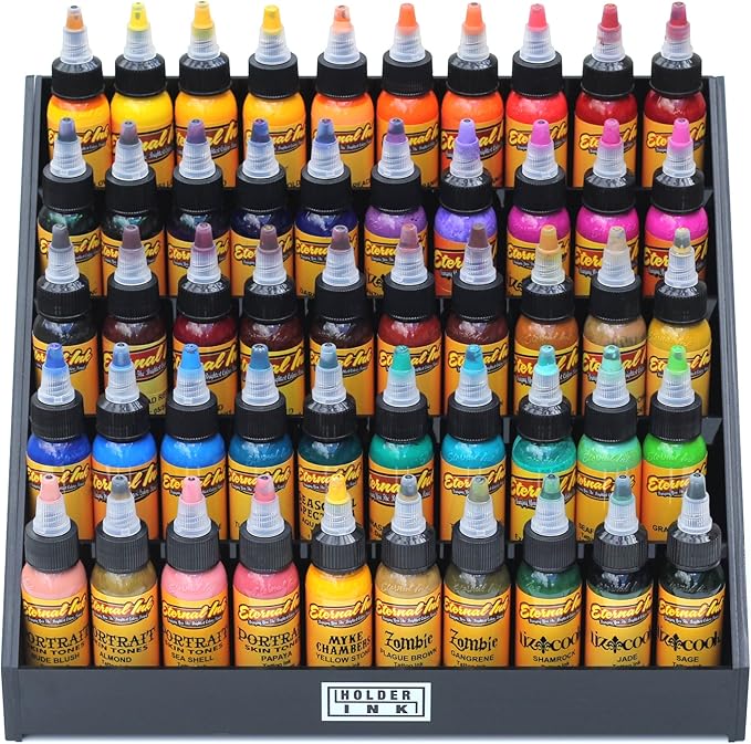 acrylic display stand organizer for tattoo inks, nail polish bottles and other beauty essentials that keeps them organized, secured and ready to use.