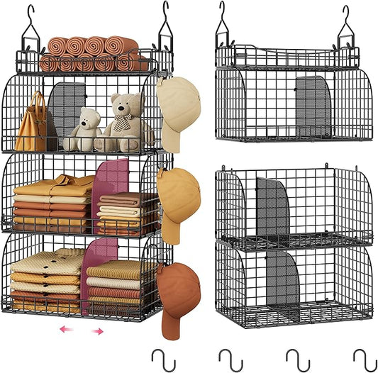 SWTYMIKI Hanging Closet Organizer Storage - 4 Tier Metal Stackable Hanging Closet Shelves with Dividers and S Hooks, Foldable Clothes Shelves for Clothes, Pants, Shoes, Coat, Hats Clutches Accessories