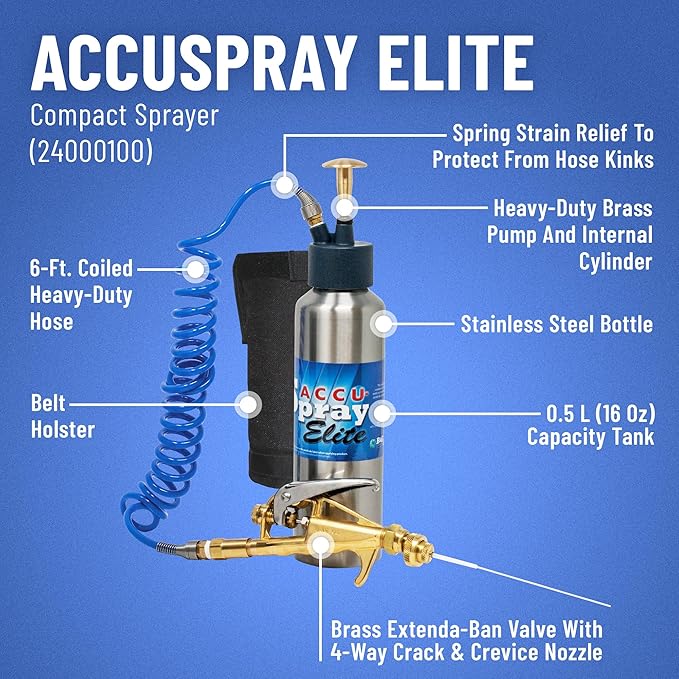 B&G - AccuSpray Elite Compact Sprayer (24000100) - 16 oz Stainless Steel Tank – Extenda-Ban Valve - 4-Way Crack & Crevice Tip – Includes Belt Holster