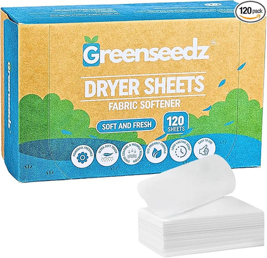 Greenseedz Dryer Sheets, 120 Count, Softens, Reduces Static & Freshens Laundry, Plastic-Free, Works with All Fabrics