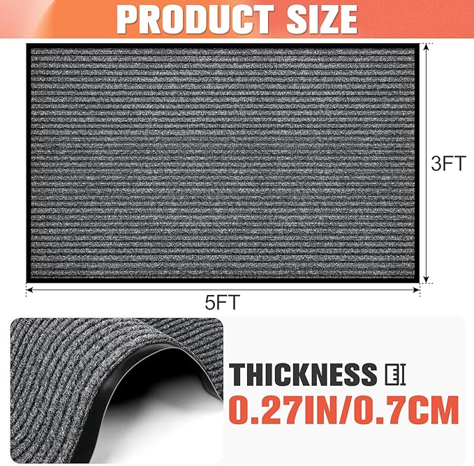 MYFAMIREA Commercial Floor Mat 3' x 5' Extra Large Front Door Industrial Rug Heavy Duty Brush Step Entrance Mat Weather Utility Rug with Non Slip Rubber Backing Low Profile for Entryway, Charcoal Grey