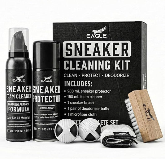 Eagle 6-in-1 Sneaker Cleaning Kit – Foam Shoe Cleaner & Sneaker Protector Spray with Brush, Microfiber Cloth & Deodorizer Balls – Shoe Care Kit for Sneakers & Tennis Shoes- Safe for all Materials