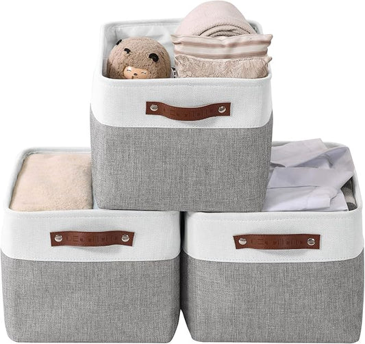 DECOMOMO Fabric Storage Baskets, Linen Closet Organizer Bins with Handles (White, Large - 3 Pack)