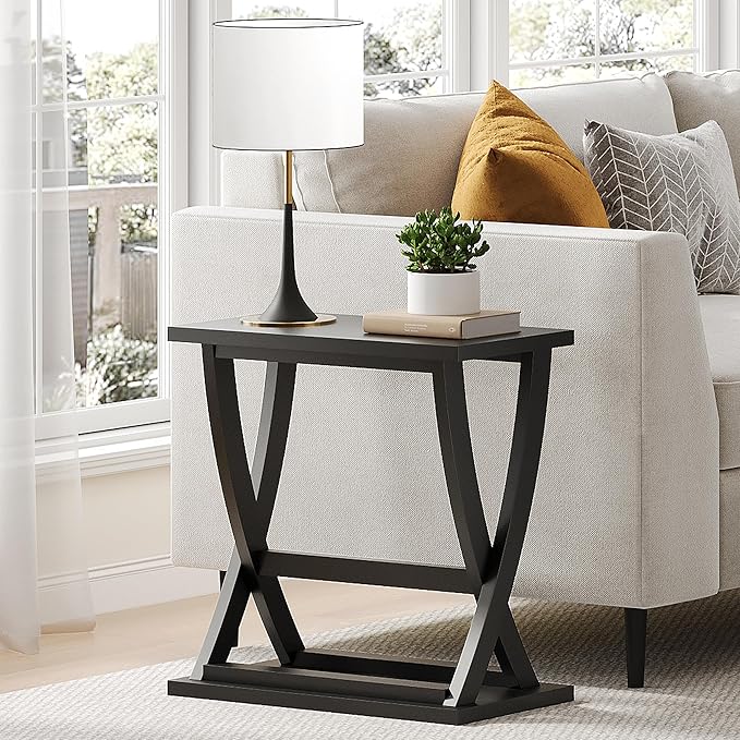 ChooChoo Black End Table, Narrow Side Table with Storage Shelf, Modern X-Design Slim Bedside Tables for Living Room, Bedroom, Small Spaces