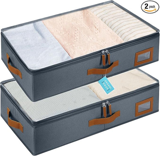 OrganiHaus Under Bed Storage Containers, Bedroom Storage and Organization Bins, Clothes Organizer for Closet with Clear Cover and Reinforced Handles - Set of 2 23.5x12.5x5 inches Gray