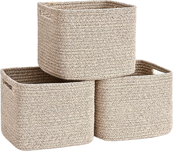 3 Pack Cube Storage Bin, 9”x9”x7” Cotton Rope Woven Baskets for Organizing Toys Clothes Towels, Square Gift Storage Baskets for Shelves, Nursery, Closet, Bathroom, Pantry (Jute)