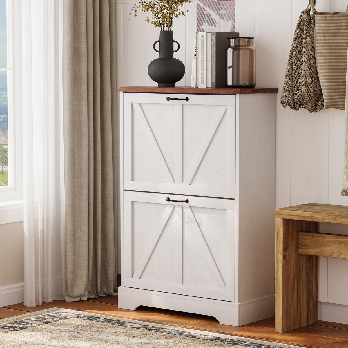 Semiocthome Farmhouse Shoe Storage Cabinet with 2 Flip Drawers - Image 1