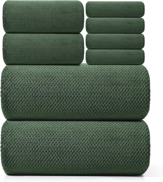 REDKISS Premium Towel Set of 8 - Ultra Soft Microfiber, Contains 2 Large Bath 35x70, 2 Hand 14x30, 4 Washcloths 14x14, Highly Absorbent, Quick Dry, Ideal for Everyday use, Hotel & Spa, Olive Green