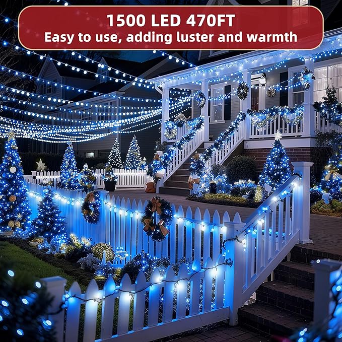 470ft Outdoor Christmas Lights, 1500 LED Super Long String Lights 12 Modes & Timer Memory, Dimmable Outsite Waterproof Light Strings for Xmas Tree Garden Wedding Party Holiday Decorations Blue&White