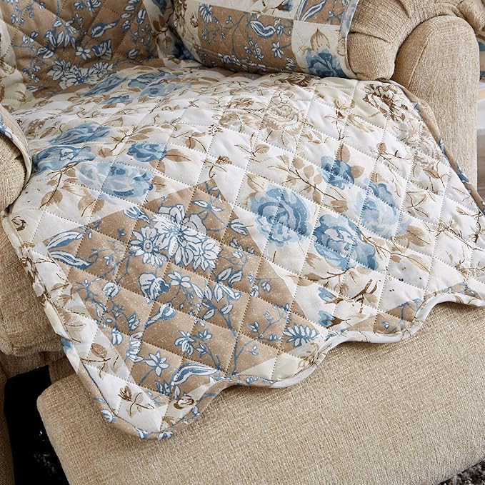 Great Bay Home Reversible Floral Patchwork Furniture Protector - Machine Washable, Scalloped Edge, Stain Resistant, Printed Furniture Cover for Dogs, Kids, and Pets (Recliner, Taupe/Blue)