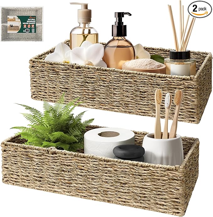 2-Pack Handwoven Seagrass Storage Baskets, Wicker Bins for Pantry Organization, Shelf or Closet Organizer, Decorative Boho Rectangular Basket 15.7" x 6.7"