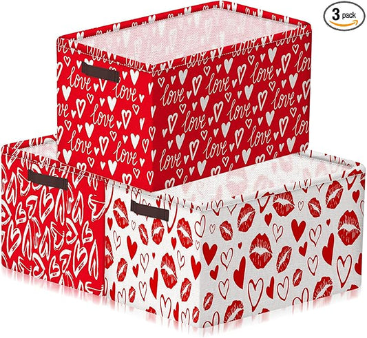 Geelin 3 Pcs Valentines Day Storage Baskets Red and White Heart Valentines Basket for Gifts Collapsible Waterproof Canvas Bin Organizer with Handles for Book Closet Shelf Nursery Decor