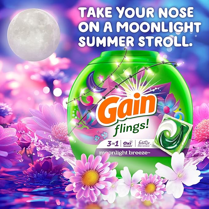 Gain Flings Laundry Detergent Pacs, 112 Count, Moonlight Breeze Scent, 3 in 1 HE Detergent Pacs with Oxi Boost and Febreeze