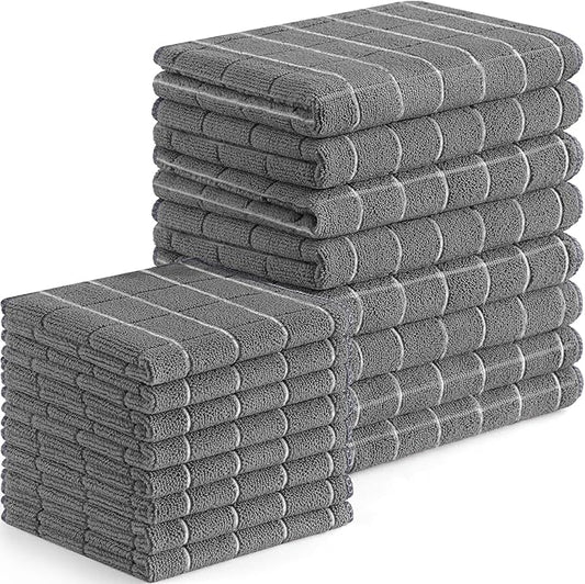 Homaxy Microfiber Kitchen Towels and Dishcloths Set, 16 Pack Soft and Absorbent Dish Hand Towels Bulk, 28 x 16 Inch & 12 x 12 Inch Quick Drying Rags for Washing Dishes, Grey