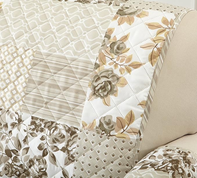 Great Bay Home Reversible Patchwork Loveseat Cover - Washable Slipcover Furniture Protector with Elastic Straps - Couch Cover for Dogs, Kids, and Pets - Box-Stitched Detail (Loveseat, Taupe)