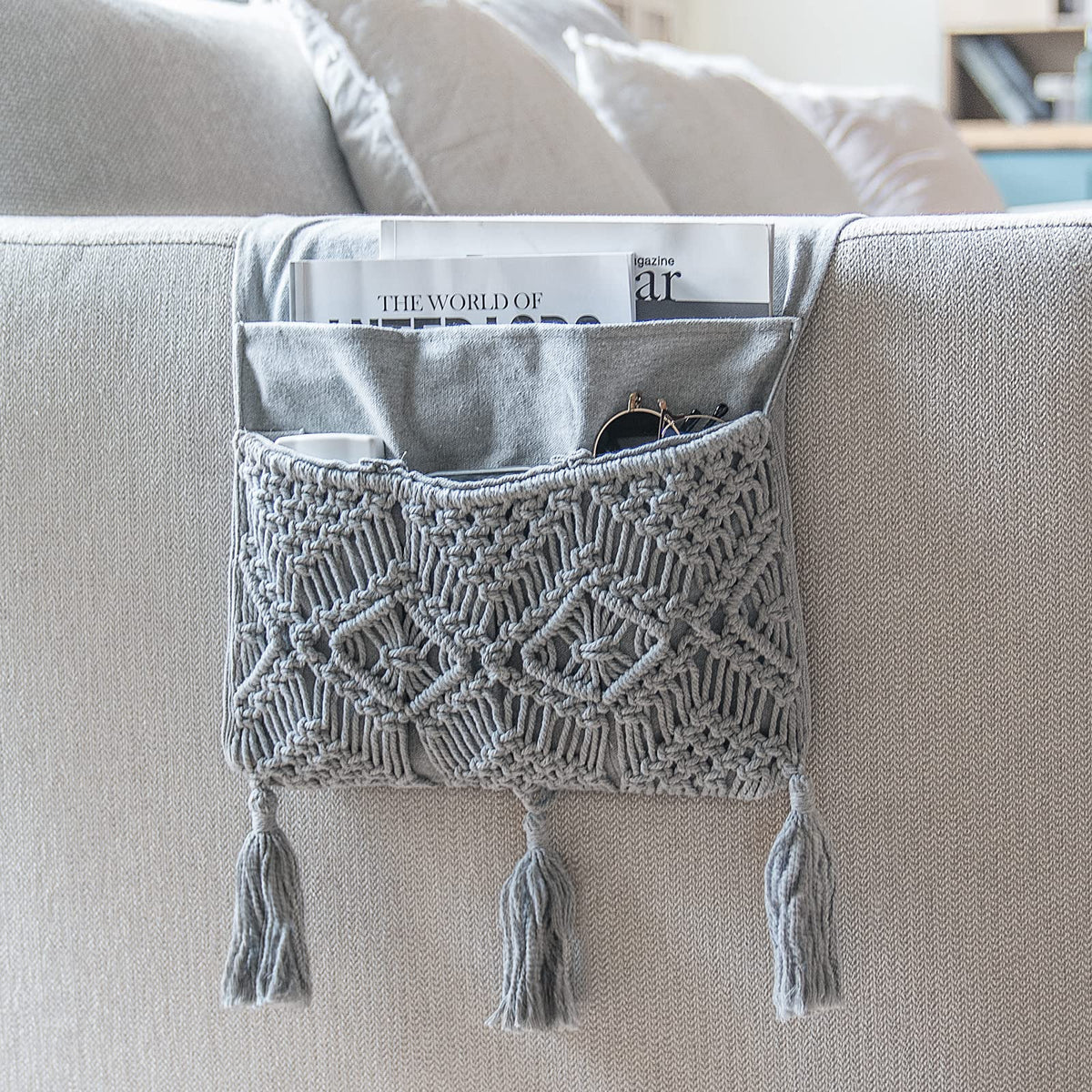 Mkono Macrame Armchair Caddy, Boho Couch Armrest Organizer - Image 1