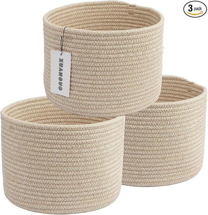 Woven Cotton Storage Baskets - 3-Pack Round Bins (10x10x7'') for Shelves, Closets & Bookcases | Durable Rope Organizers for Nursery, Baby, Toys, Easter & More (Oatmeal)