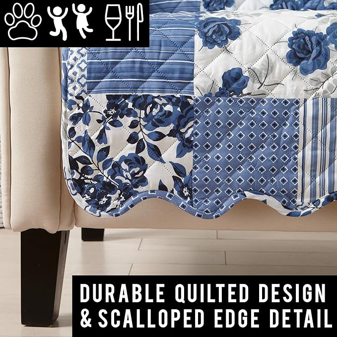 Great Bay Home Reversible Patchwork Loveseat Cover - Washable Slipcover Furniture Protector with Elastic Straps - Couch Cover for Dogs, Kids, and Pets - Box-Stitched Detail (Loveseat, Navy)