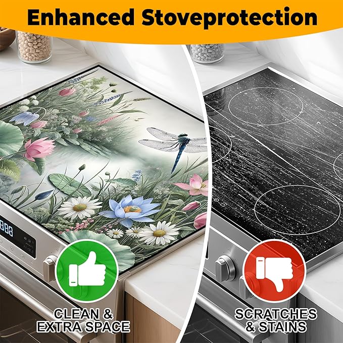 Stove Top Cover for Home Decoration Kitchen Pad Washable Cooktop Covers Countertop Stove Protector Mat for Home Kitchen Cooktops (dragonfly, 28"x20")