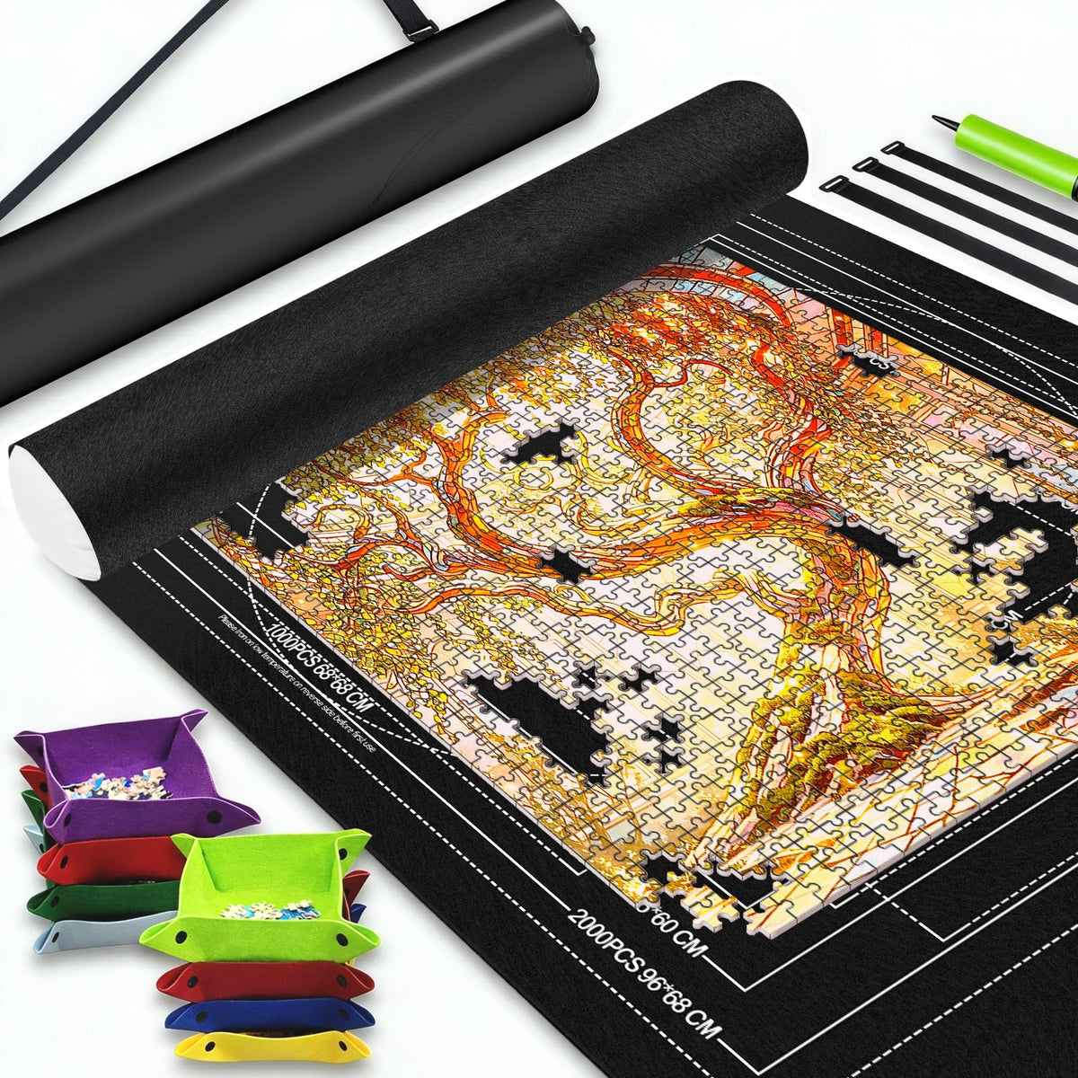 Portable Puzzle Mat Roll Up Set with 8 Sorting Trays, Pump - Image 1