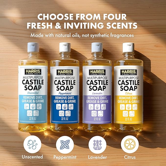 HARRIS Multi-Purpose Liquid Castile Soap for Home Cleaning, Use as Dish Soap, Laundry Detergent, Kitchen & Bathroom Surface Cleaner, Kids Room, 2 Pack of 32 Fl Oz with Microfiber Cloth (Peppermint)