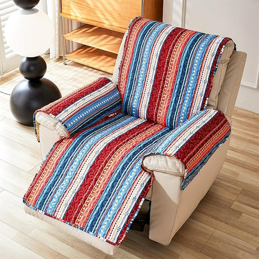 Cmfshape Skidproof Sofa Cover-Boho Sofa Slipcover with Elastic Straps-Easy Fit Slip Cover-Bohemian Washable Furniture Protector for Pets and Kids(Recliner,Blue)