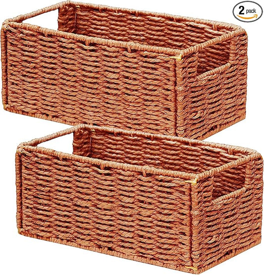 Vagusicc Wicker Storage Basket, Set of 2 Hand-Woven Paper Rope Wicker Basket, Small Storage Baskets for Organizing Toilet Paper, Foldable Small Cube Organizer Bins for Shelves (Orange)