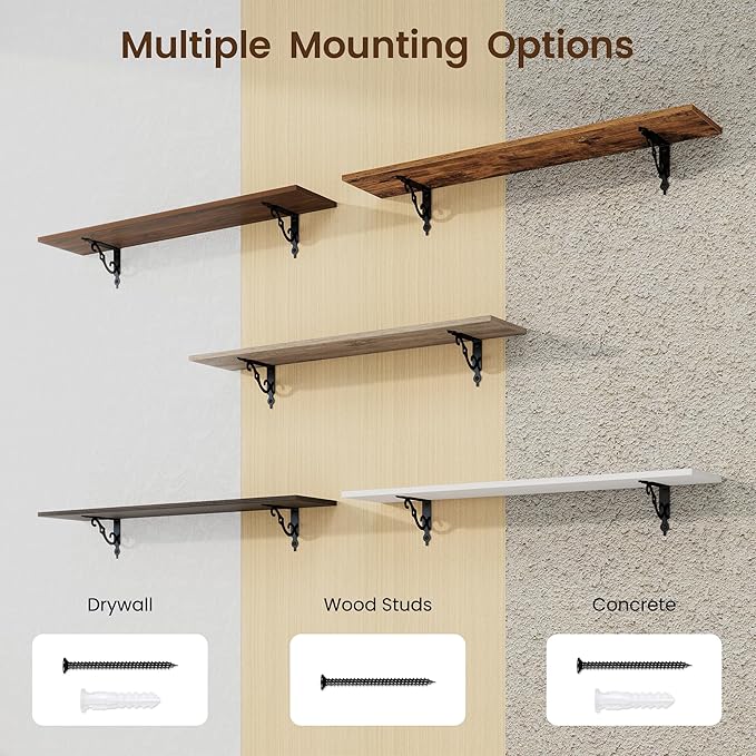 RICHFOCUS Floating Shelves for Wall Decor, 39.4W x 8D Shelves Set of 2, 8 Inch Deep Rustic Wood Shelves Wall Mounted with Brackets, Long Floating Shelves for Living Room Bedroom Kitchen, Walnut