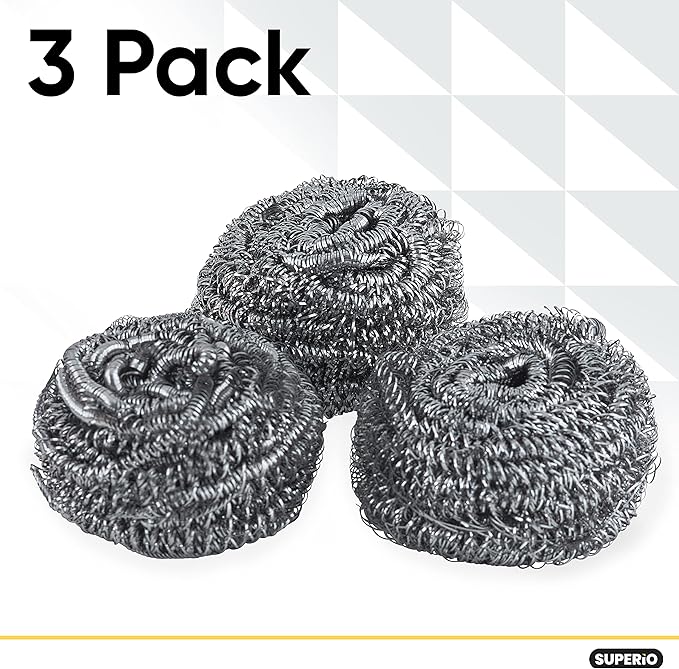 Superio Stainless Steel Scourers Steel Wool Scrubber Pad Used for Dishes, Pots, Pans, Grill, Stoves, and Ovens, Easy scouring for Tough Kitchen Cleaning (3)