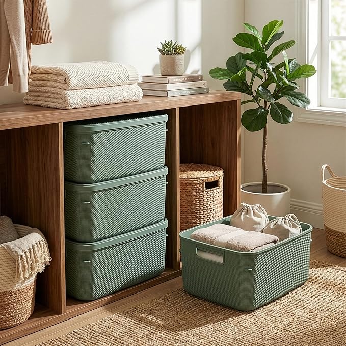 BINO | Plastic Storage Bins with Lids, 13 Liter - 3 Pack, Desert Green | THE TWILL COLLECTION | Plastic Bins for Organization | Woven Storage Baskets for Organizing | Pantry Shelf Organizer Basket Bin
