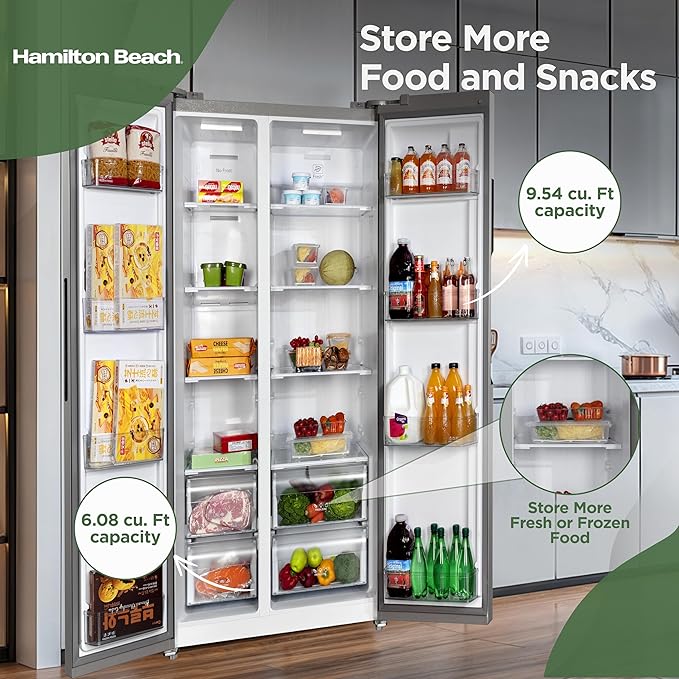 Hamilton Beach HBF1558 15.6 cu ft Counter Depth Full Size Refrigerator, Side Doors, Stainless