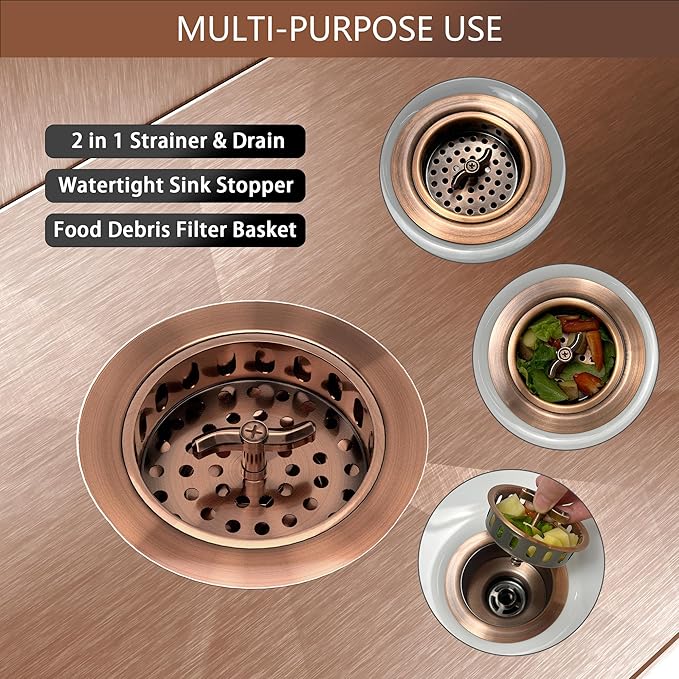Kitchen Sink Drain Assembly 3-1/2 Inch Stainless Steel Kitchen Drain with T-Shaped Sink Strainer Basket and Drain Stopper for Standard Kitchen Sink Antique Copper