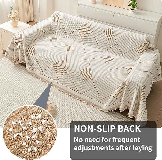 HAOMAIJIA Non Slip Couch Cover Sofa Covers for 3 Cushion Couch Washable sectional Couch Covers for Dogs pet Furniture Protector Couch Cover Blanket for Living Room (CQ-Khaki/Grey, 91"x134")