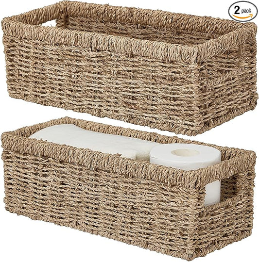 Vagusicc Wicker Storage Basket, Hand-Woven Seagrass Wicker Baskets with Handles, Toilet Paper Basket for Toilet Tank Top, Small Wicke Baskets for Organizing Shelves, 2-Pack, Seagrass