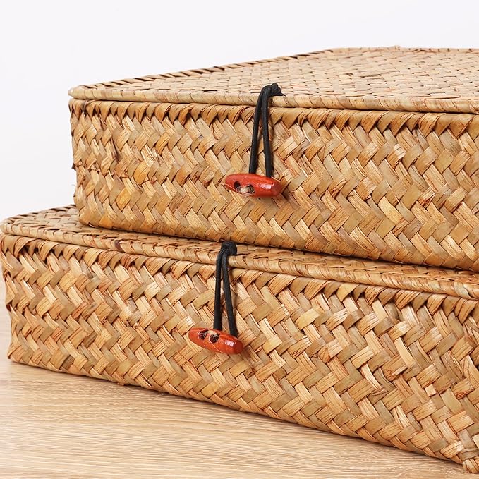 Flat Wicker Shelf Baskets with Lid, Seagrass Woven Basket Boxes for Storage Basket Bins Multipurpose Home Decor Organizer (Natural Set of 2)