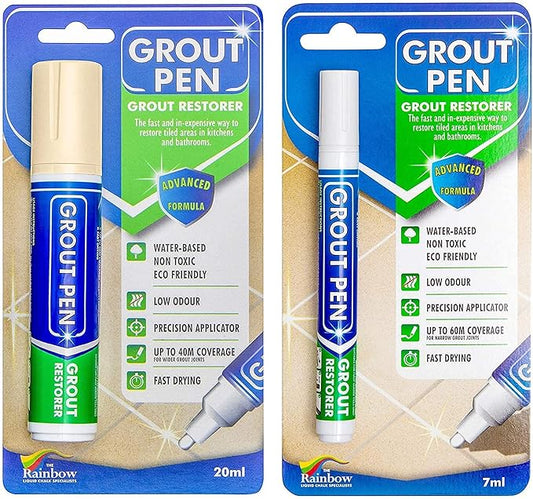 Grout Pen Tile Paint Marker: Waterproof Grout Colorant and Sealer Pen to Renew, Repair, and Refresh Tile Grout - Cleaner Coating Stain Pens - 2 Pack, 15mm Wide Cream and 5mm Narrow White Tip