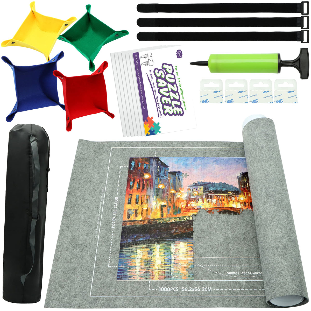 Portable Puzzle Mat Roll Up - with 9 Glue Sheets, Sorting Trays - Image 1