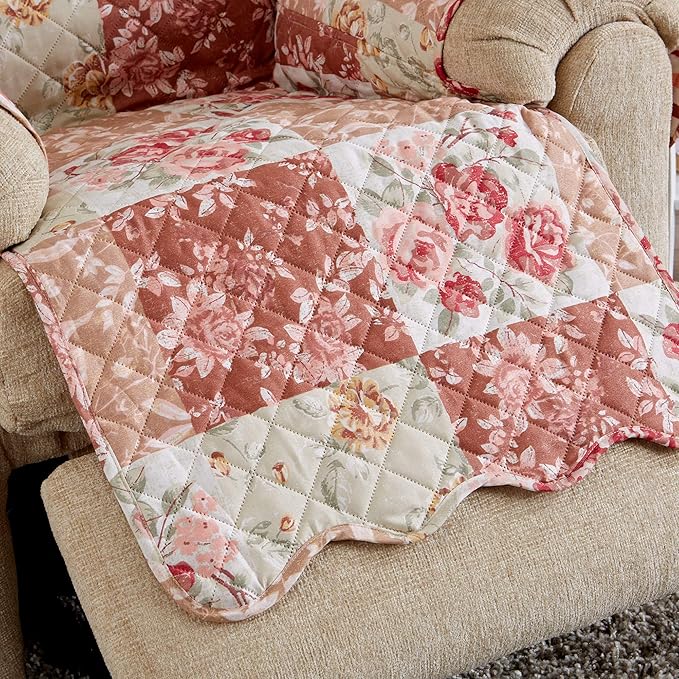 Great Bay Home Reversible Floral Patchwork Furniture Protector - Machine Washable, Scalloped Edge, Stain Resistant, Printed Furniture Cover for Dogs, Kids, and Pets (Recliner, Burgundy/Taupe)