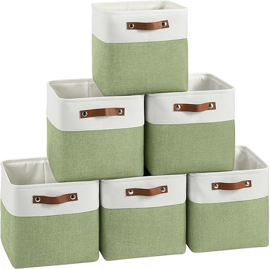 Cube Storage Baskets 6 Pack, 11x11 inch Cube Storage Bins with Leather Handles for Shelf Closet (White/ Green)