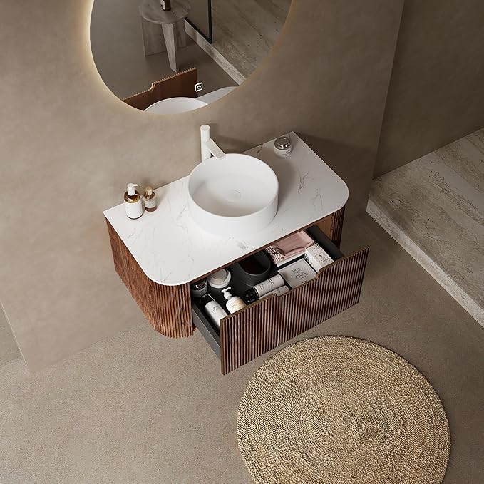 KEIKI 36" Bathroom Vanity Cabinet with Sink Combo, Wall Mounted Curved Edges Striped Floating Bathroom Vanity with Soft-Close Drawer, White Round Ceramic Basin Without Faucet, Dark Walnut