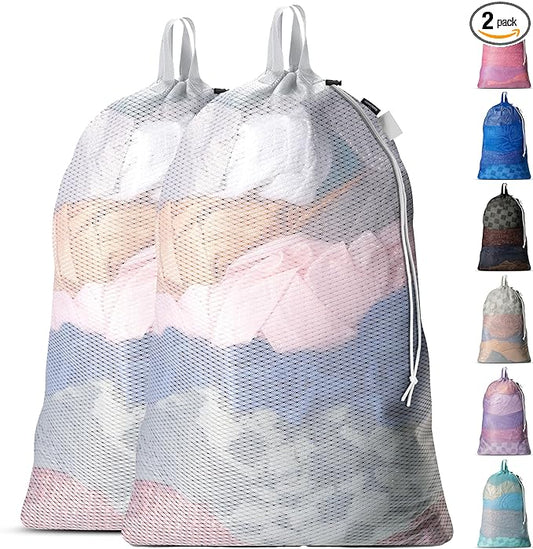 Large Mesh Laundry Bags - 2-Pack Heavy Duty with Handles & Drawstring - Machine Washable Net Laundry Sacks for College Dorm, Camp, Travel, Bedding & Clothes Storage (White)