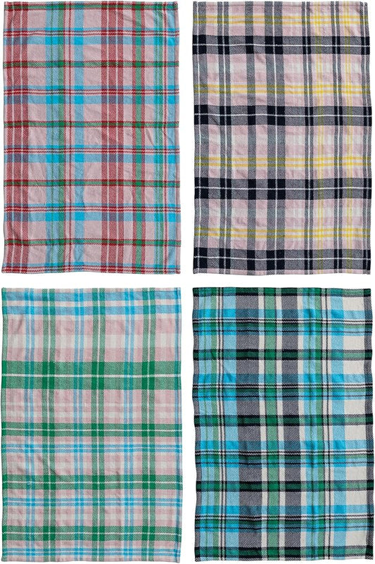 Creative Co-Op 4-Piece Printed Microfiber Tea Towel with Plaid Pattern, Multicolor
