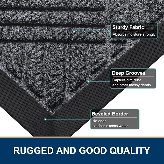 Smiry Front Door Mat Outside Entrance, Heavy Duty Outdoor Indoor Mat, Natural Rubber Doormat, Non Slip, Trap Dirt and Moisture, Easy Clean, Low Profile Patio Porch Entryway Mat, 47x32, Dark Grey