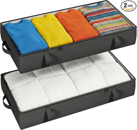 2-Pack Under Bed Storage, 6 Inches Tall Closet Organizers and Storage Bins with Sturdy Sidewalls/Bottom/4 Handles, Black