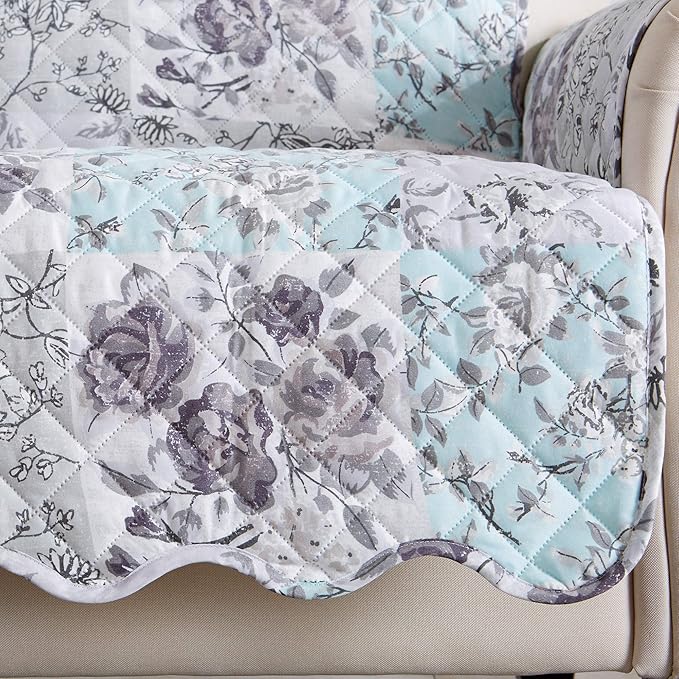 Great Bay Home Reversible Floral Patchwork Furniture Protector - Machine Washable, Scalloped Edge, Stain Resistant, Printed Furniture Cover for Dogs, Kids, and Pets (Loveseat, Gray/Aqua)