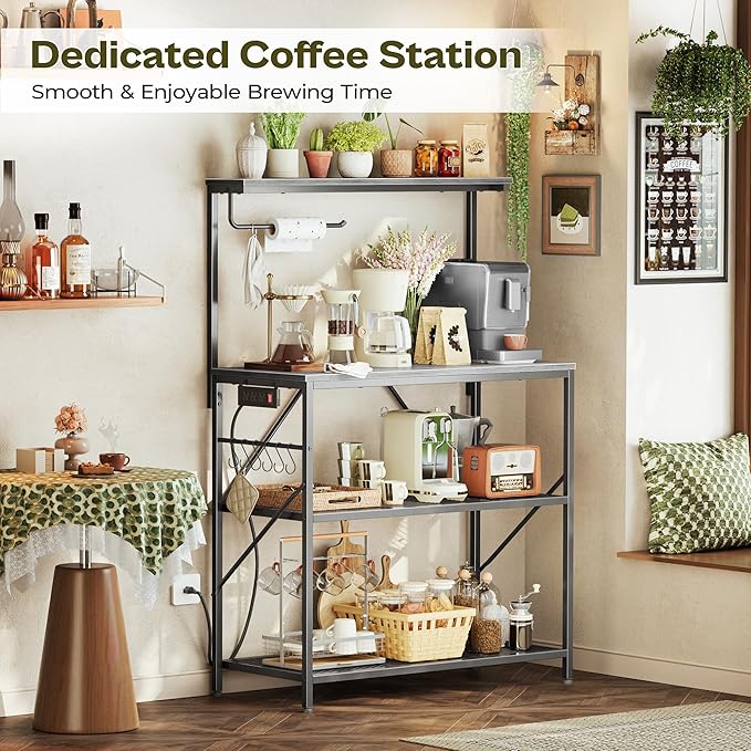 Huuger 4-Tier Bakers Rack with Reversible Power Outlet, 31.5 Inch Microwave Stand with Paper Towel Holder, Kitchen Bar, Larger Storage with Top Shelf, 6 S Hooks, Grey